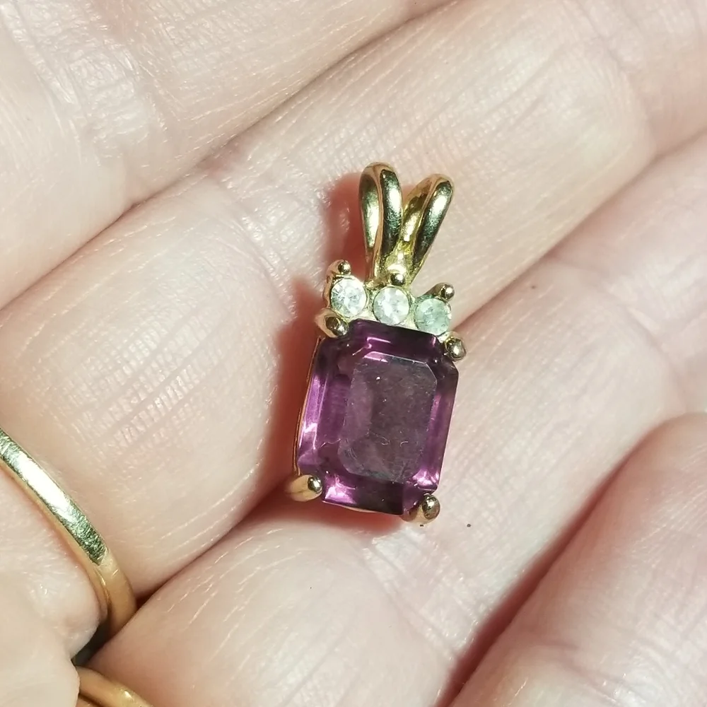 Purple gem pendant gold tone tiny dainty rectangular vintage